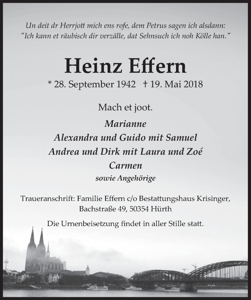  Traueranzeige für Heinz Eifern vom 30.05.2018 aus  Wochenende 