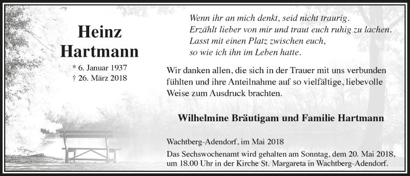  Traueranzeige für Heinz Hartmann vom 16.05.2018 aus  Schaufenster/Blickpunkt 