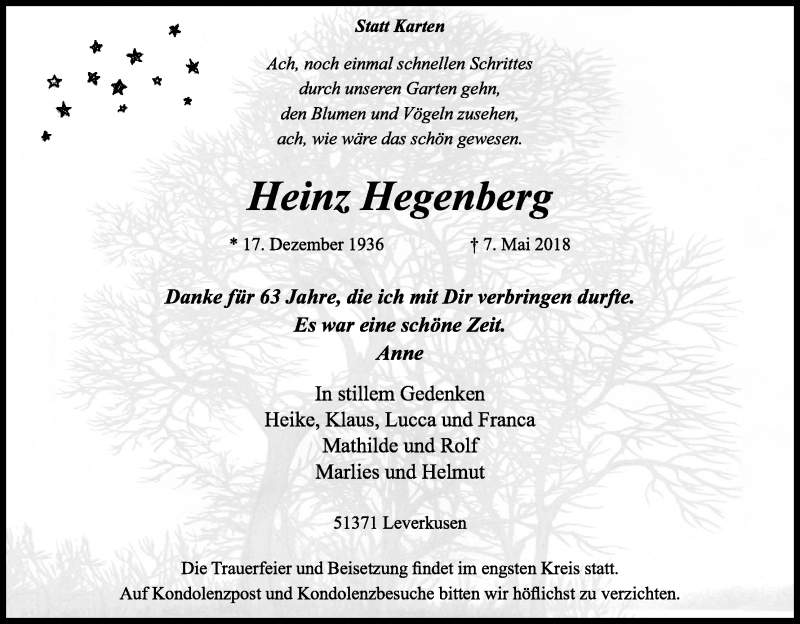  Traueranzeige für Heinz Hegenberg vom 12.05.2018 aus Kölner Stadt-Anzeiger / Kölnische Rundschau / Express