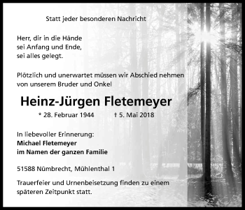 Anzeige von Heinz-Jürgen Fletemeyer von Kölner Stadt-Anzeiger / Kölnische Rundschau / Express