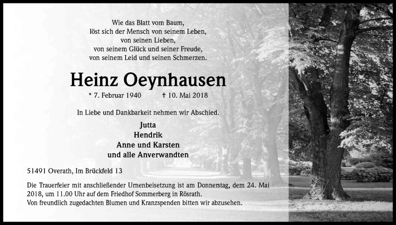  Traueranzeige für Heinz Oeyenhausen vom 19.05.2018 aus Kölner Stadt-Anzeiger / Kölnische Rundschau / Express