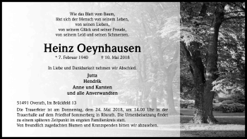 Anzeige von Heinz Oeynhausen von Kölner Stadt-Anzeiger / Kölnische Rundschau / Express