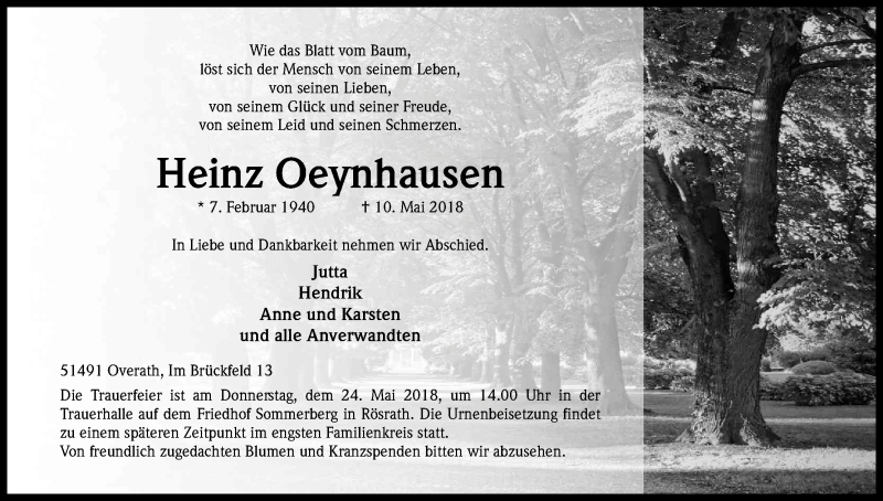  Traueranzeige für Heinz Oeynhausen vom 18.05.2018 aus Kölner Stadt-Anzeiger / Kölnische Rundschau / Express