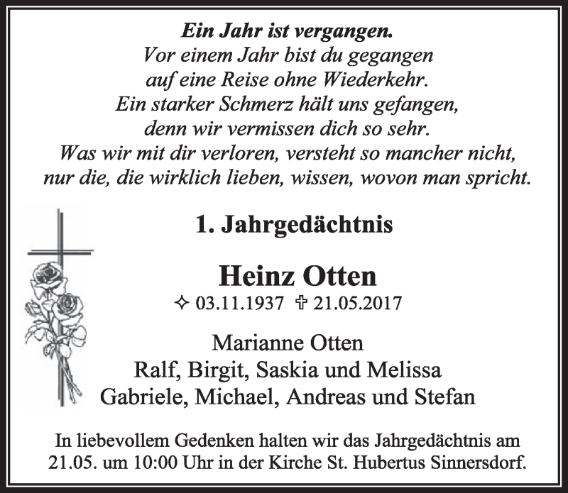  Traueranzeige für Heinz Otten vom 19.05.2018 aus  Sonntags-Post 
