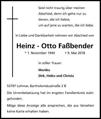 Anzeige von Heinz-Otto Faßbender von Kölner Stadt-Anzeiger / Kölnische Rundschau / Express