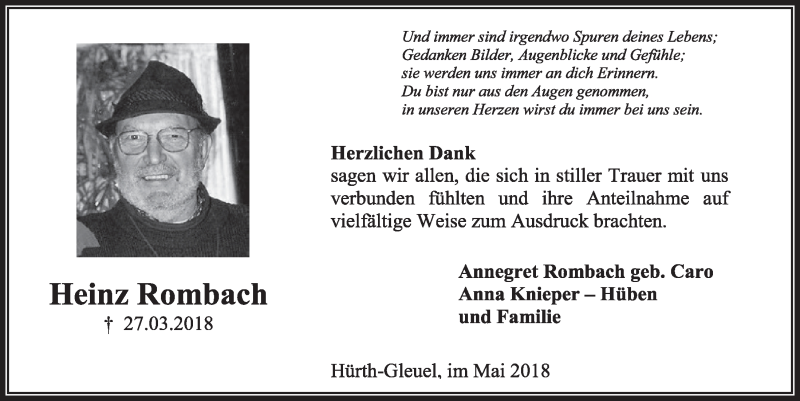  Traueranzeige für Heinz Rombach vom 26.05.2018 aus  Sonntags-Post 