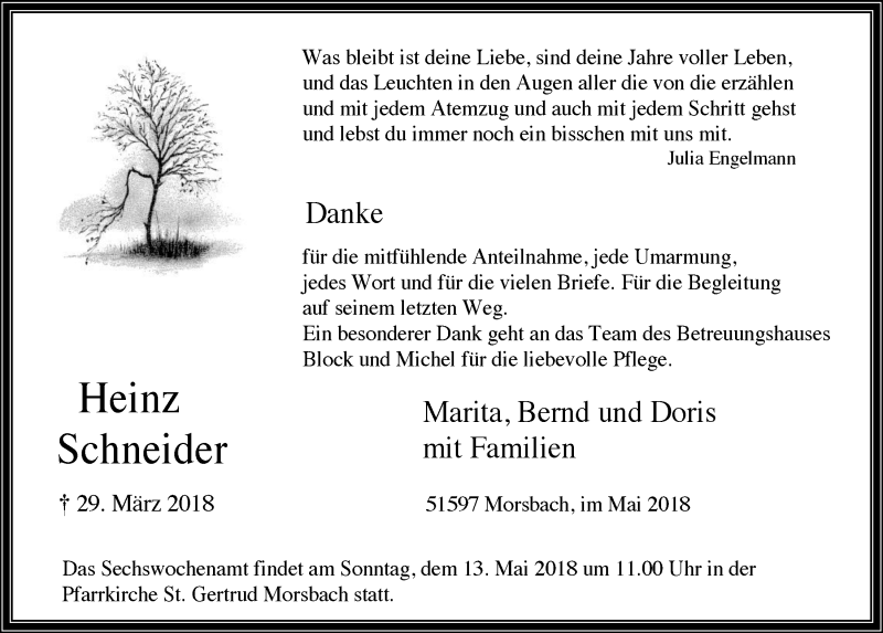  Traueranzeige für Heinz Schneider vom 09.05.2018 aus  Lokalanzeiger 