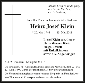 Anzeige von Heinz Josef Klein von  Schaufenster/Blickpunkt am Wochenende 