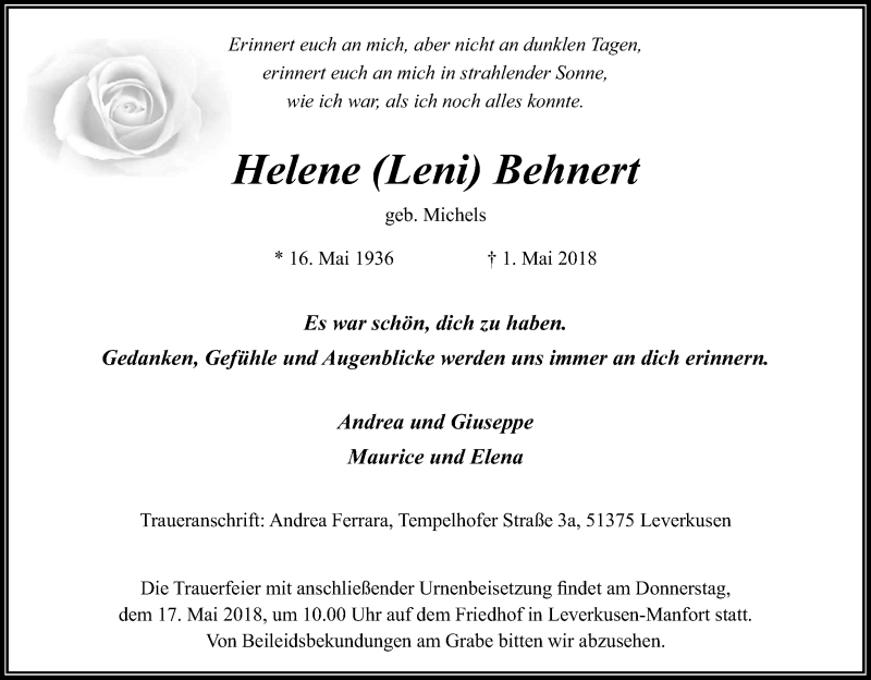  Traueranzeige für Helene Behnert vom 12.05.2018 aus Kölner Stadt-Anzeiger / Kölnische Rundschau / Express