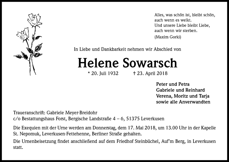  Traueranzeige für Helene Sowarsch vom 09.05.2018 aus Kölner Stadt-Anzeiger / Kölnische Rundschau / Express
