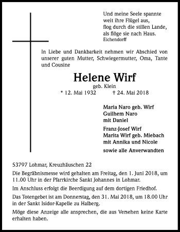 Anzeige von Helene Wirf von Kölner Stadt-Anzeiger / Kölnische Rundschau / Express