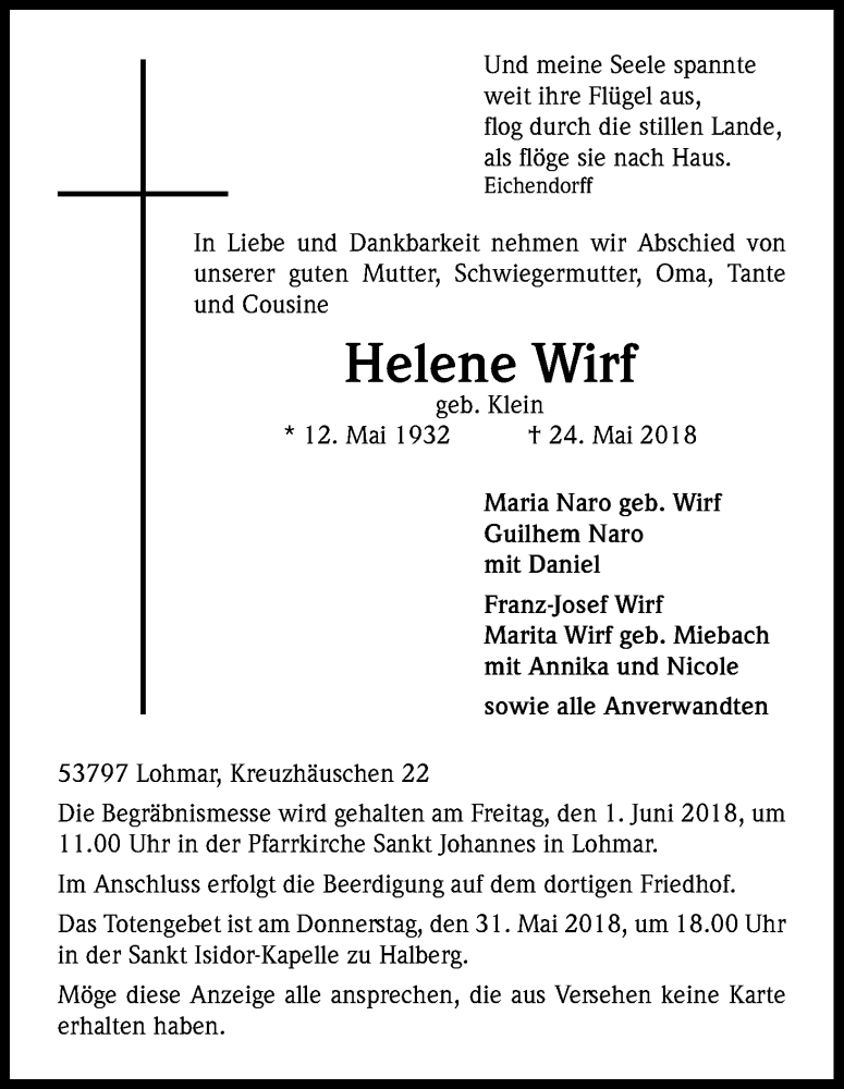  Traueranzeige für Helene Wirf vom 30.05.2018 aus Kölner Stadt-Anzeiger / Kölnische Rundschau / Express