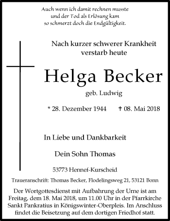 Anzeige von Helga Becker von  Extra Blatt 