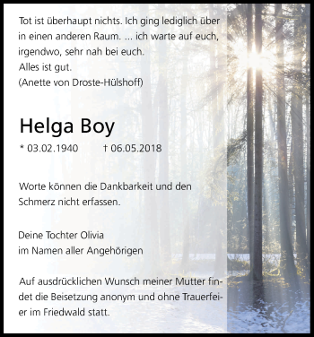 Anzeige von Helga Boy von Kölner Stadt-Anzeiger / Kölnische Rundschau / Express
