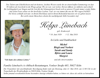 Anzeige von Helga Lünebach von Kölner Stadt-Anzeiger / Kölnische Rundschau / Express