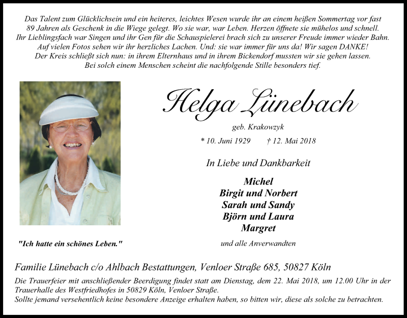  Traueranzeige für Helga Lünebach vom 19.05.2018 aus Kölner Stadt-Anzeiger / Kölnische Rundschau / Express