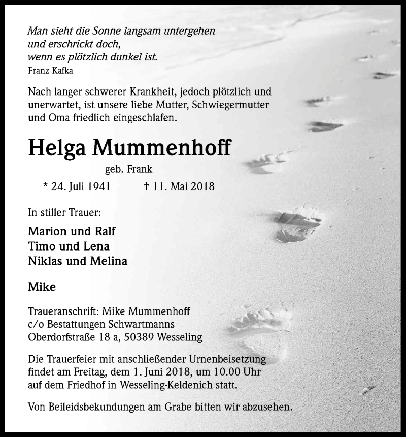  Traueranzeige für Helga Mummenhoff vom 26.05.2018 aus Kölner Stadt-Anzeiger / Kölnische Rundschau / Express