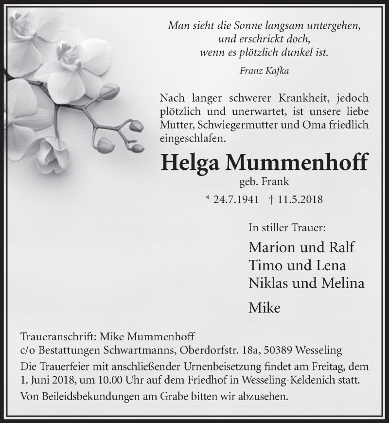  Traueranzeige für Helga Mummenhoff vom 23.05.2018 aus  Schlossbote/Werbekurier 
