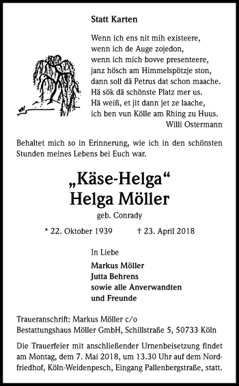 Anzeige von Helga Möller von Kölner Stadt-Anzeiger / Kölnische Rundschau / Express
