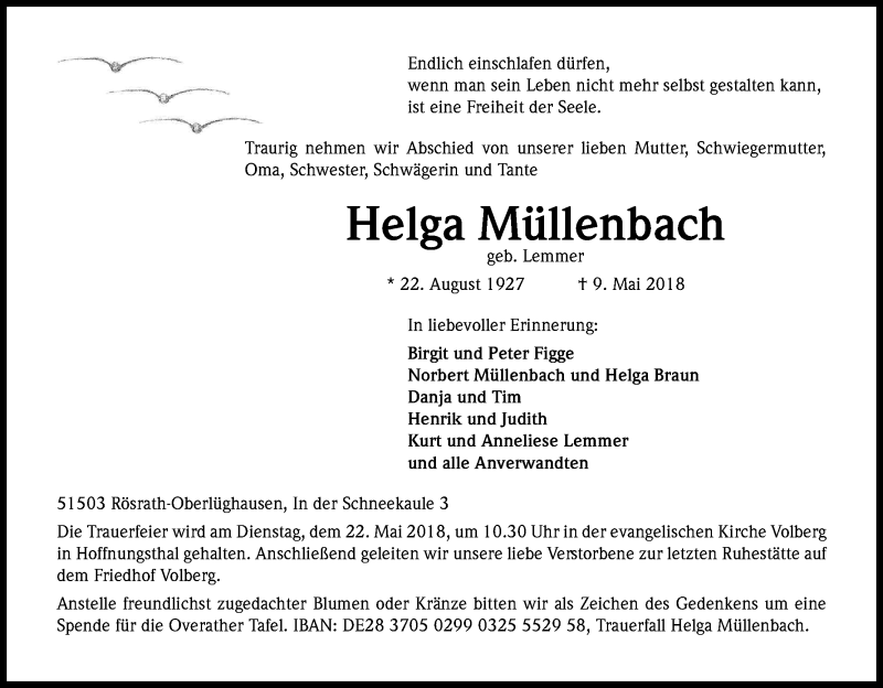  Traueranzeige für Helga Müllenbach vom 16.05.2018 aus Kölner Stadt-Anzeiger / Kölnische Rundschau / Express