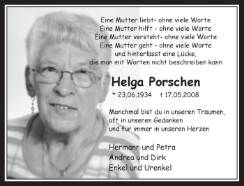 Anzeige von Helga Porschen von  Wochenende 