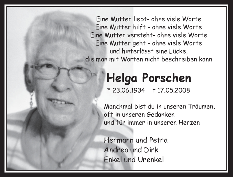  Traueranzeige für Helga Porschen vom 16.05.2018 aus  Wochenende 