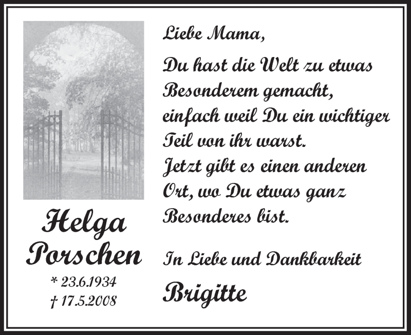  Traueranzeige für Helga Porschen vom 16.05.2018 aus  Wochenende 