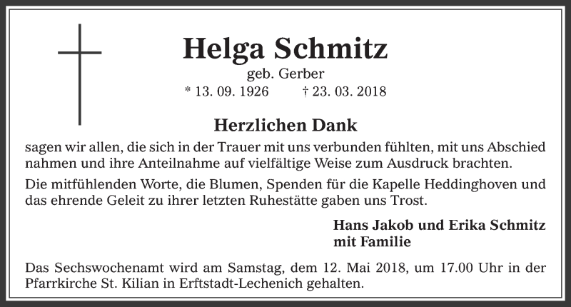  Traueranzeige für Helga Schmitz vom 02.05.2018 aus  Werbepost 