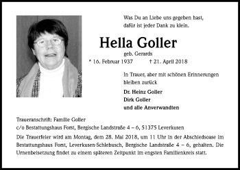 Anzeige von Hella Goller von Kölner Stadt-Anzeiger / Kölnische Rundschau / Express