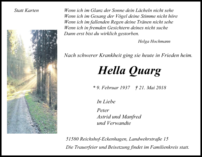  Traueranzeige für Hella Quarg vom 26.05.2018 aus Kölner Stadt-Anzeiger / Kölnische Rundschau / Express