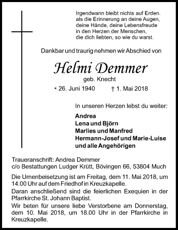 Anzeige von Helmi Demmer von Kölner Stadt-Anzeiger / Kölnische Rundschau / Express