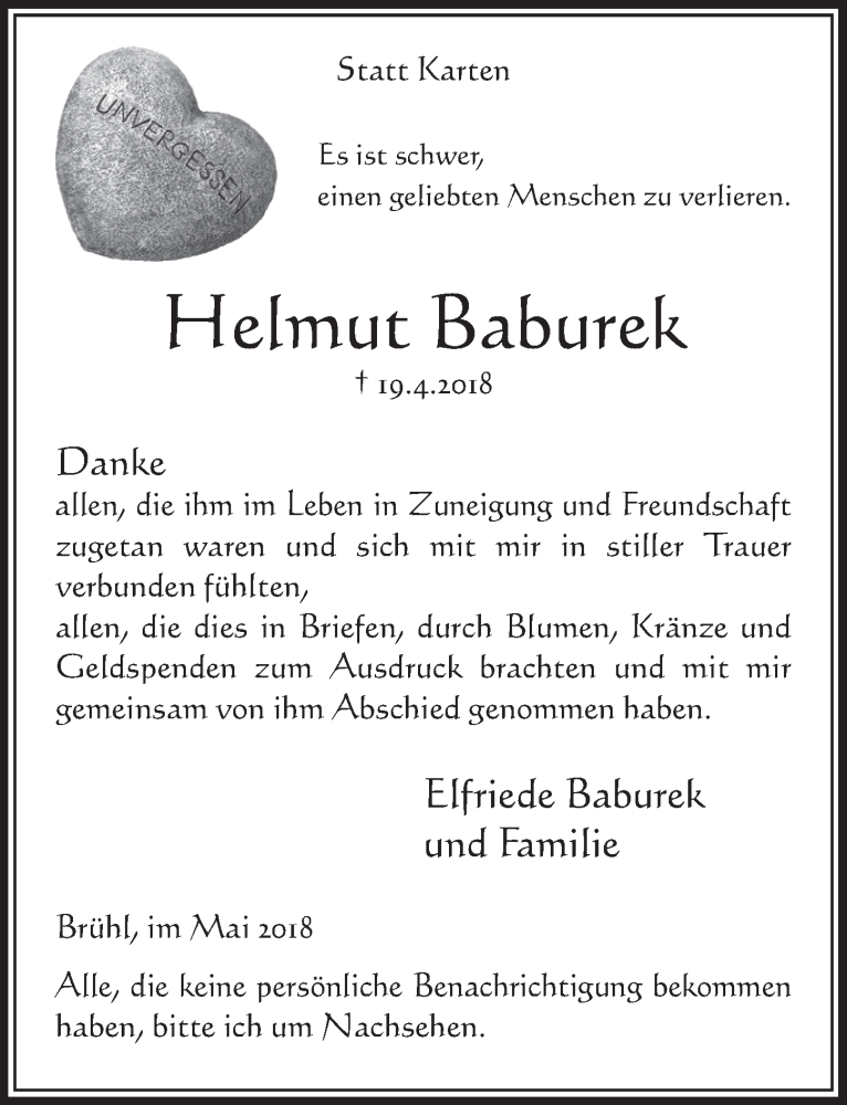  Traueranzeige für Helmut Baburek vom 09.05.2018 aus  Schlossbote/Werbekurier 