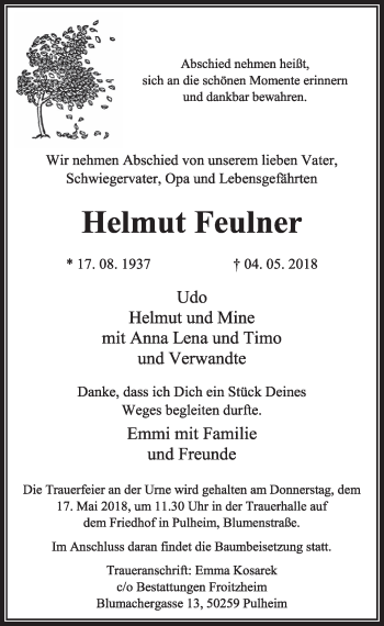 Anzeige von Helmut Feulner von  Sonntags-Post 