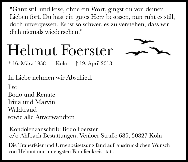  Traueranzeige für Helmut Foerster vom 05.05.2018 aus Kölner Stadt-Anzeiger / Kölnische Rundschau / Express