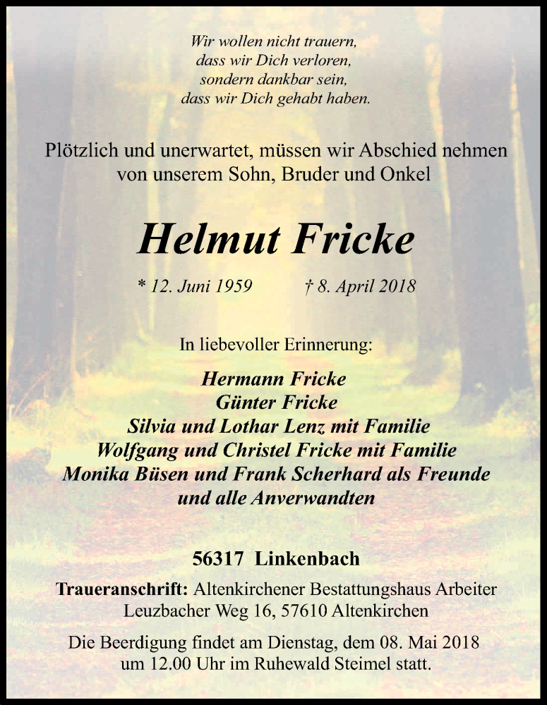  Traueranzeige für Helmut Fricke vom 05.05.2018 aus Kölner Stadt-Anzeiger / Kölnische Rundschau / Express