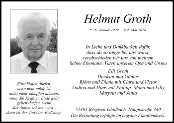 Anzeige von Helmut Groth von Kölner Stadt-Anzeiger / Kölnische Rundschau / Express