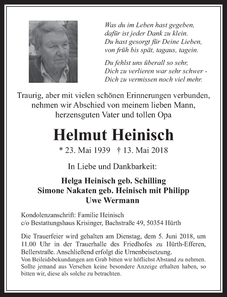  Traueranzeige für Helmut Heinisch vom 30.05.2018 aus  Wochenende 