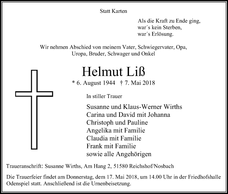  Traueranzeige für Helmut Liß vom 12.05.2018 aus Kölner Stadt-Anzeiger / Kölnische Rundschau / Express