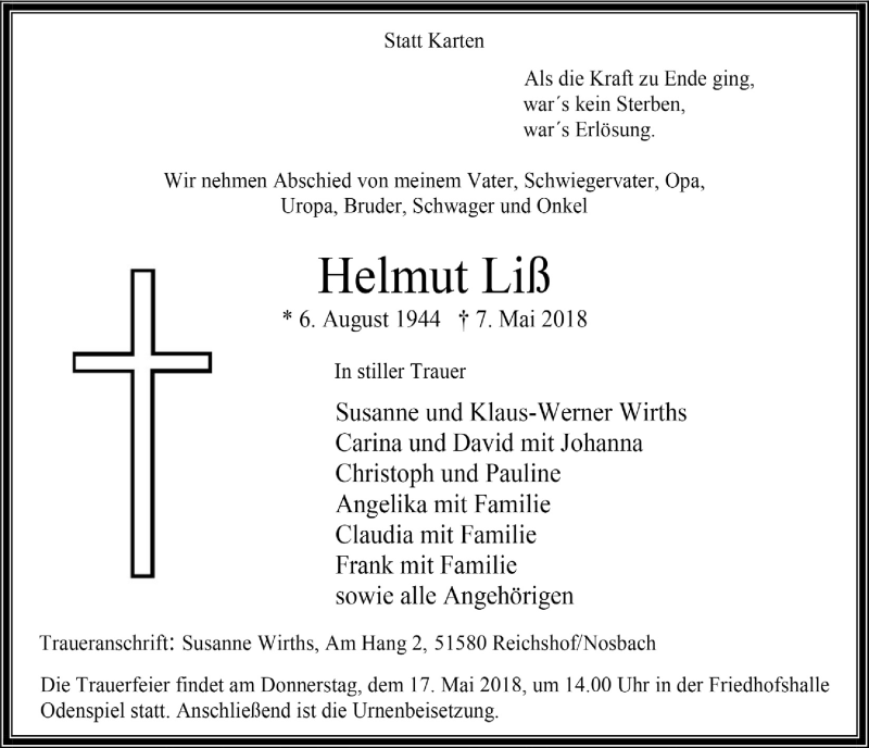  Traueranzeige für Helmut Liß vom 16.05.2018 aus  Lokalanzeiger 