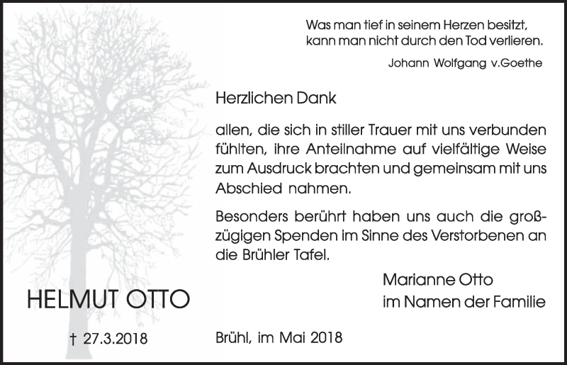  Traueranzeige für Helmut Otto vom 16.05.2018 aus  Schlossbote/Werbekurier 