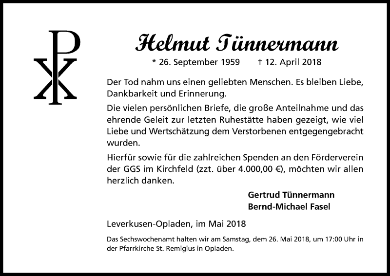  Traueranzeige für Helmut Tünnermann vom 23.05.2018 aus Kölner Stadt-Anzeiger / Kölnische Rundschau / Express