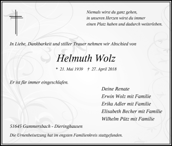 Anzeige von Helmuth Wolz von Kölner Stadt-Anzeiger / Kölnische Rundschau / Express