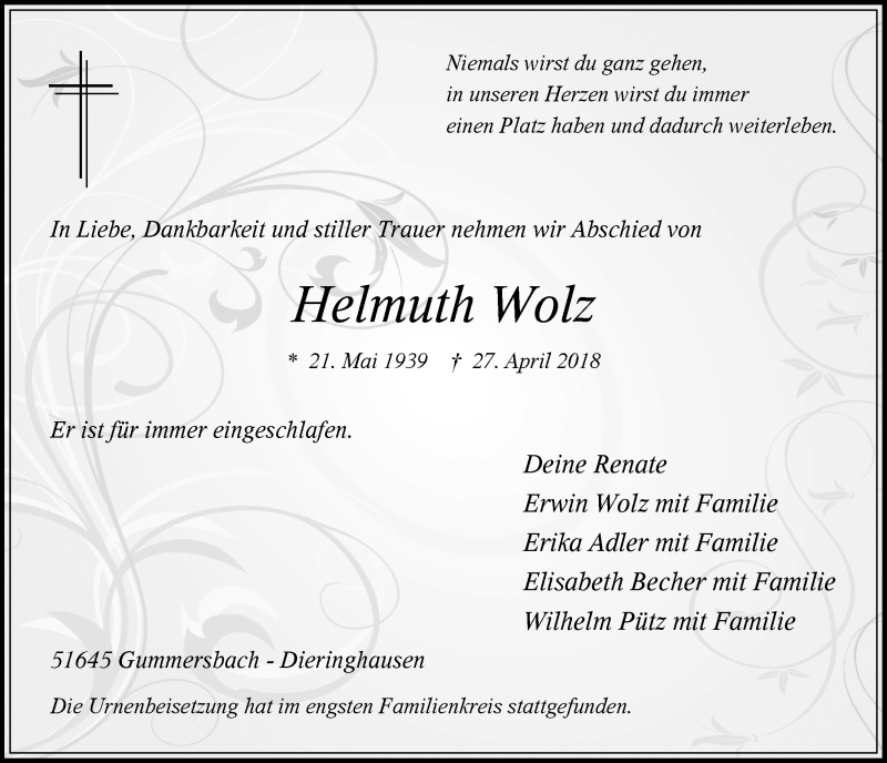  Traueranzeige für Helmuth Wolz vom 23.05.2018 aus  Anzeigen Echo 
