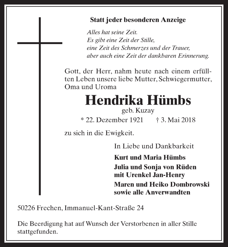  Traueranzeige für Hendrika Hümbs vom 23.05.2018 aus  Wochenende  Schlossbote/Werbekurier 