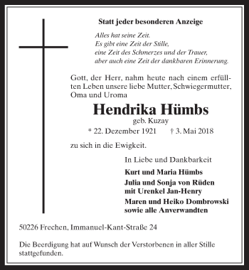 Anzeige von Hendrika Hümbs von  Wochenende  Schlossbote/Werbekurier 