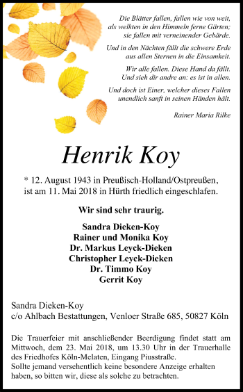 Anzeige von Henrik Koy von Kölner Stadt-Anzeiger / Kölnische Rundschau / Express