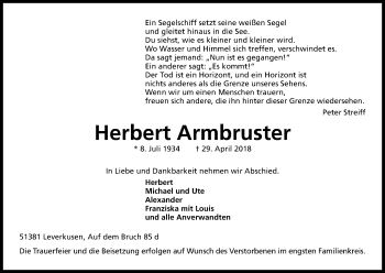 Anzeige von Herbert Armbruster von Kölner Stadt-Anzeiger / Kölnische Rundschau / Express