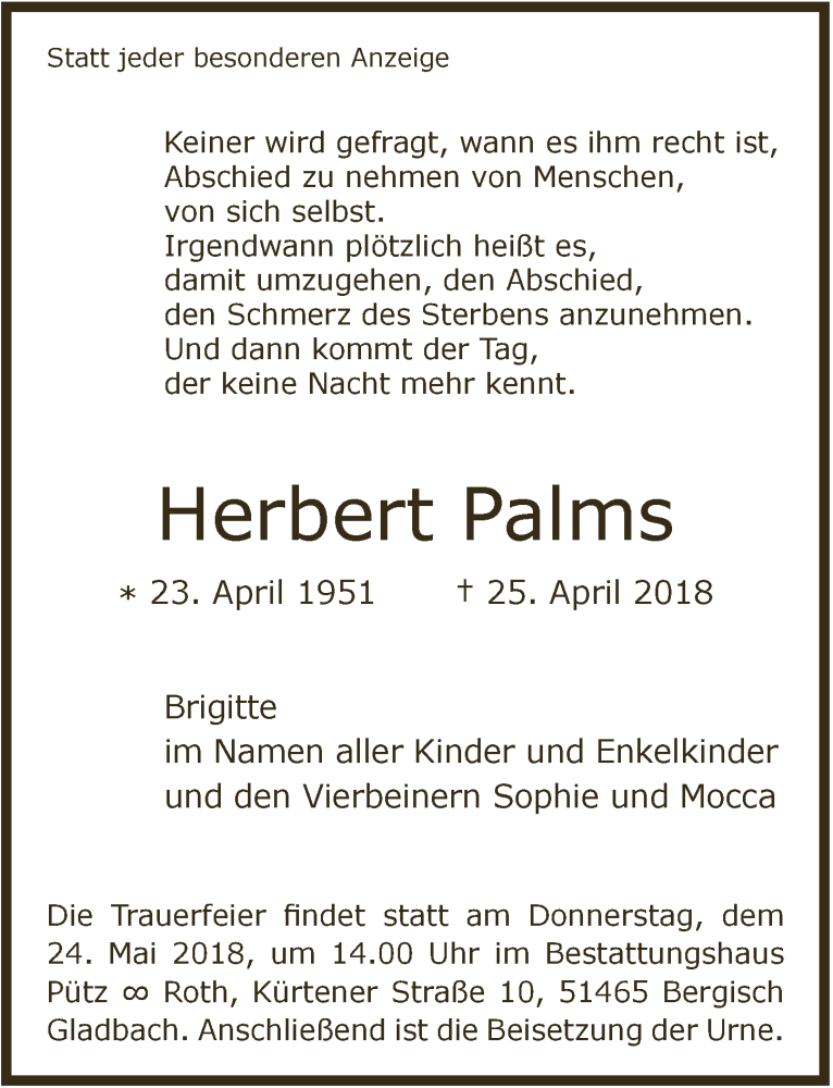  Traueranzeige für Herbert Palms vom 05.05.2018 aus  Bergisches Sonntagsblatt 