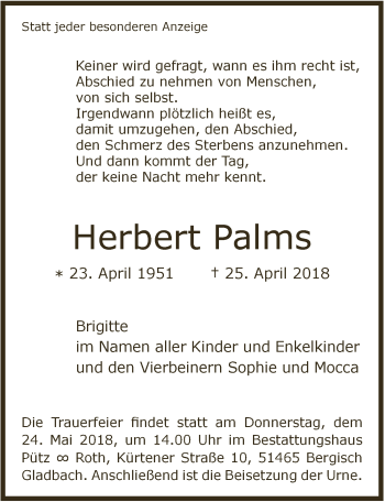 Anzeige von Herbert Palms von  Bergisches Sonntagsblatt 