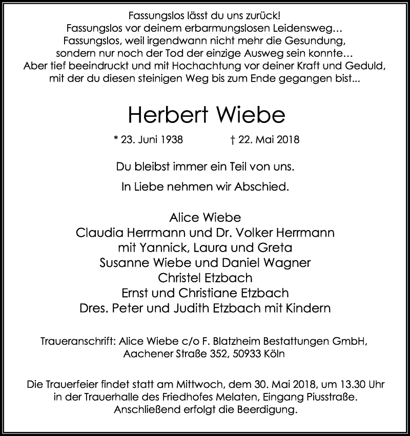  Traueranzeige für Herbert Wiebe vom 26.05.2018 aus Kölner Stadt-Anzeiger / Kölnische Rundschau / Express